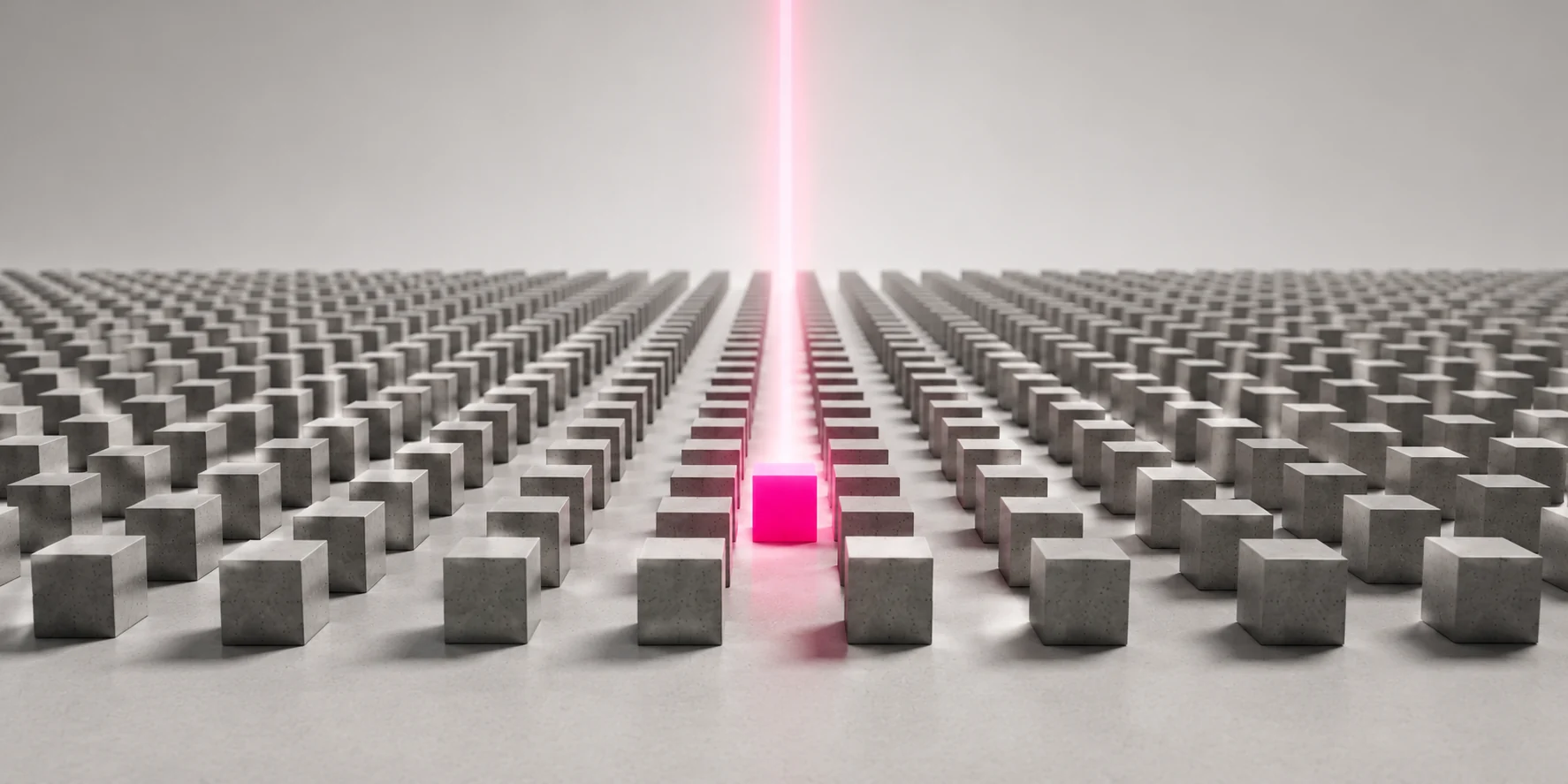 Un cube rose lumineux se détache parmi des rangées de cubes gris, symbole d’une marque visible dans les réponses des moteurs d’IA