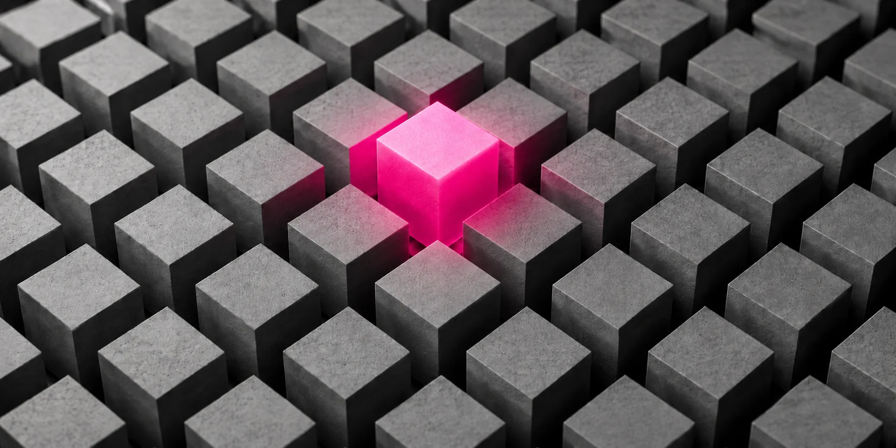 Un cube rose lumineux se distingue au centre d’un ensemble de cubes gris, symbole de visibilité dans les réponses des moteurs d’IA