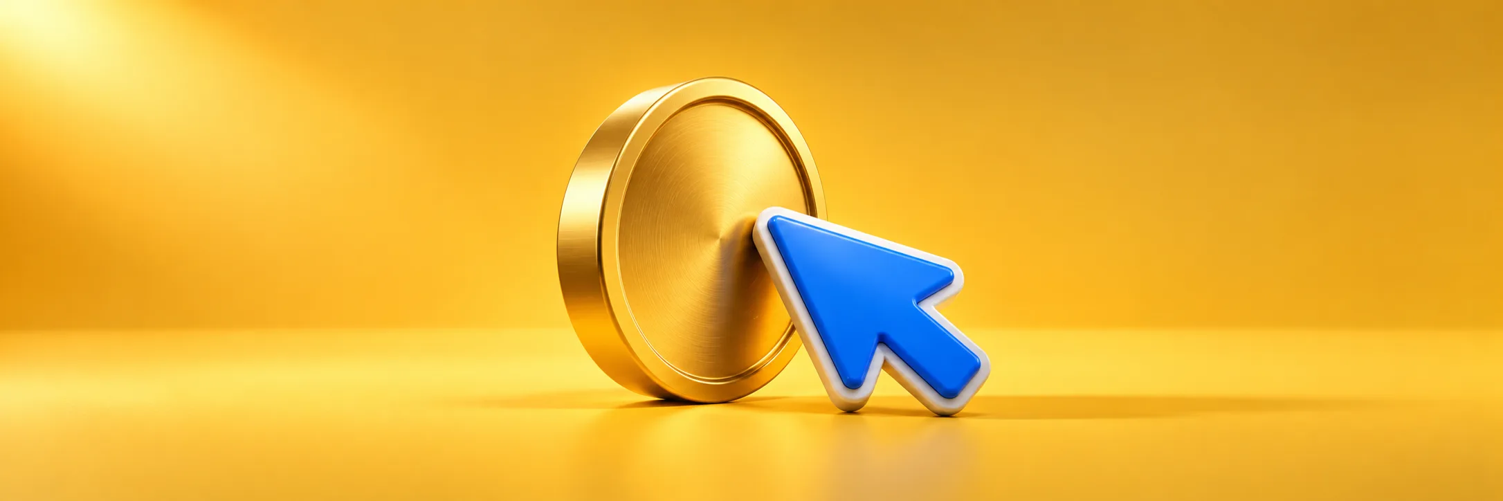 Une grosse pièce dorée debout et un curseur de souris bleu qui clique dessus, sur fond jaune de studio, pour des campagnes Google Ads où chaque clic rapporte