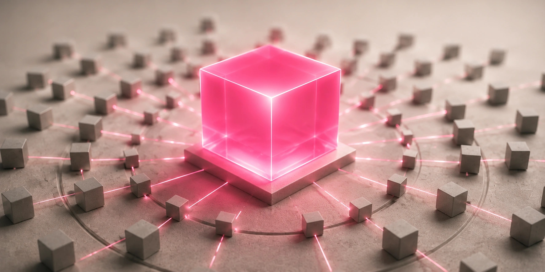Cube lumineux rose relié à un réseau de modules, illustration de l'intégration de l'intelligence artificielle