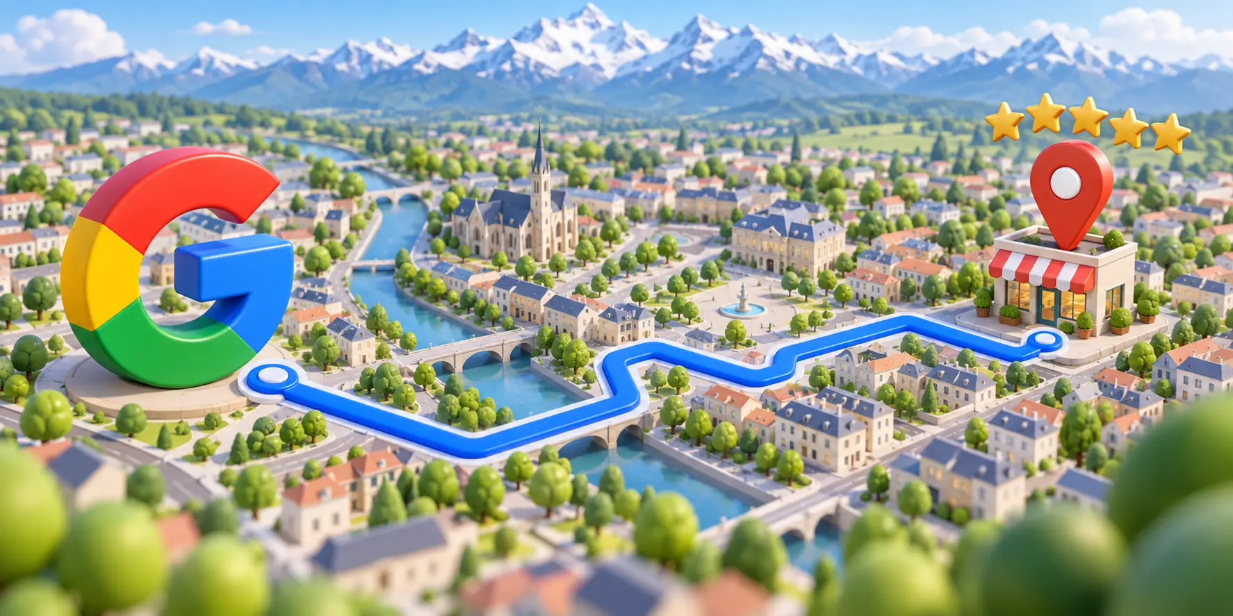 Illustration 3D de Tarbes au pied des Pyrénées : un itinéraire part du logo de Google et mène à une boutique signalée par un repère rouge et cinq étoiles