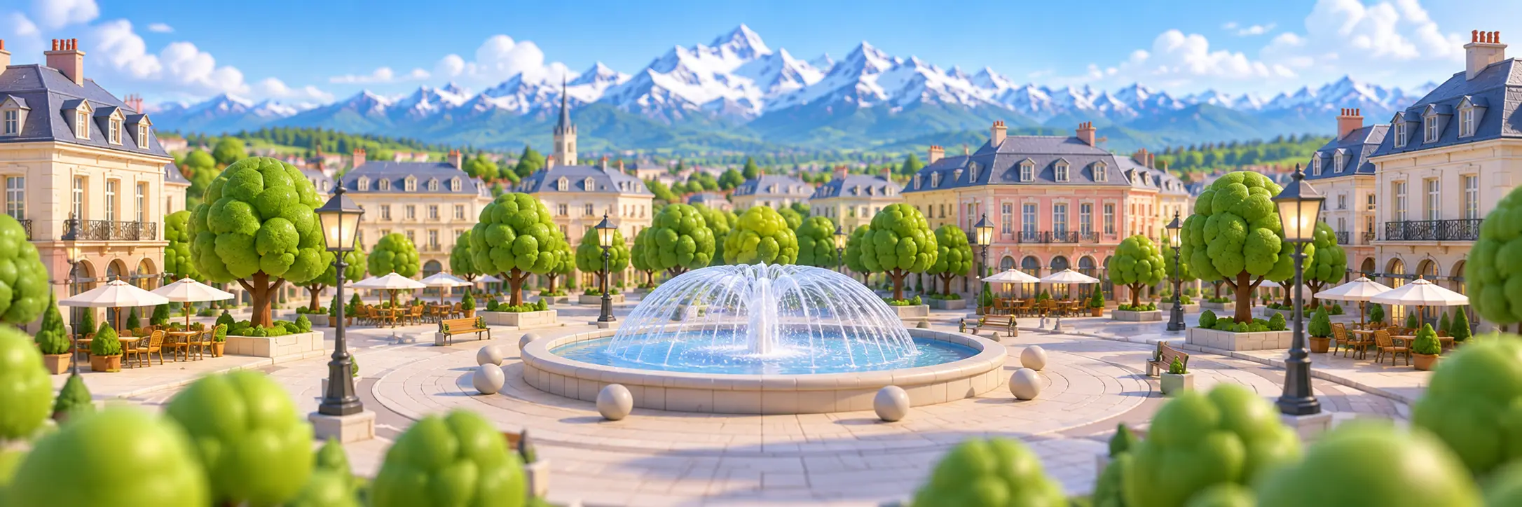 Illustration 3D de la place de Verdun à Tarbes, sa fontaine en dôme, ses façades et ses platanes, avec les Pyrénées enneigées au fond