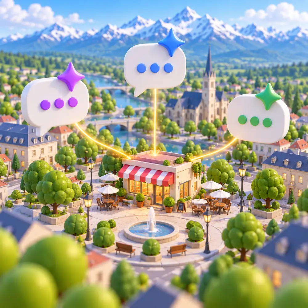 Illustration 3D d'une place de Tarbes : trois bulles de conversation d'IA dirigent chacune un faisceau lumineux vers le même restaurant