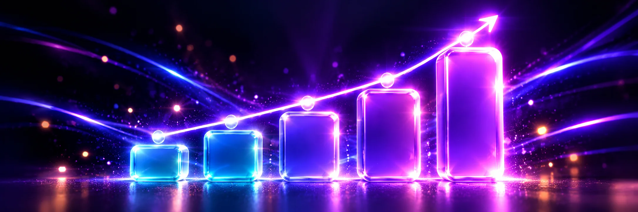 Cinq tuiles lumineuses de plus en plus hautes sous une courbe qui monte, sur fond violet, pour la rentabilité du SEO qui s'installe avec le temps