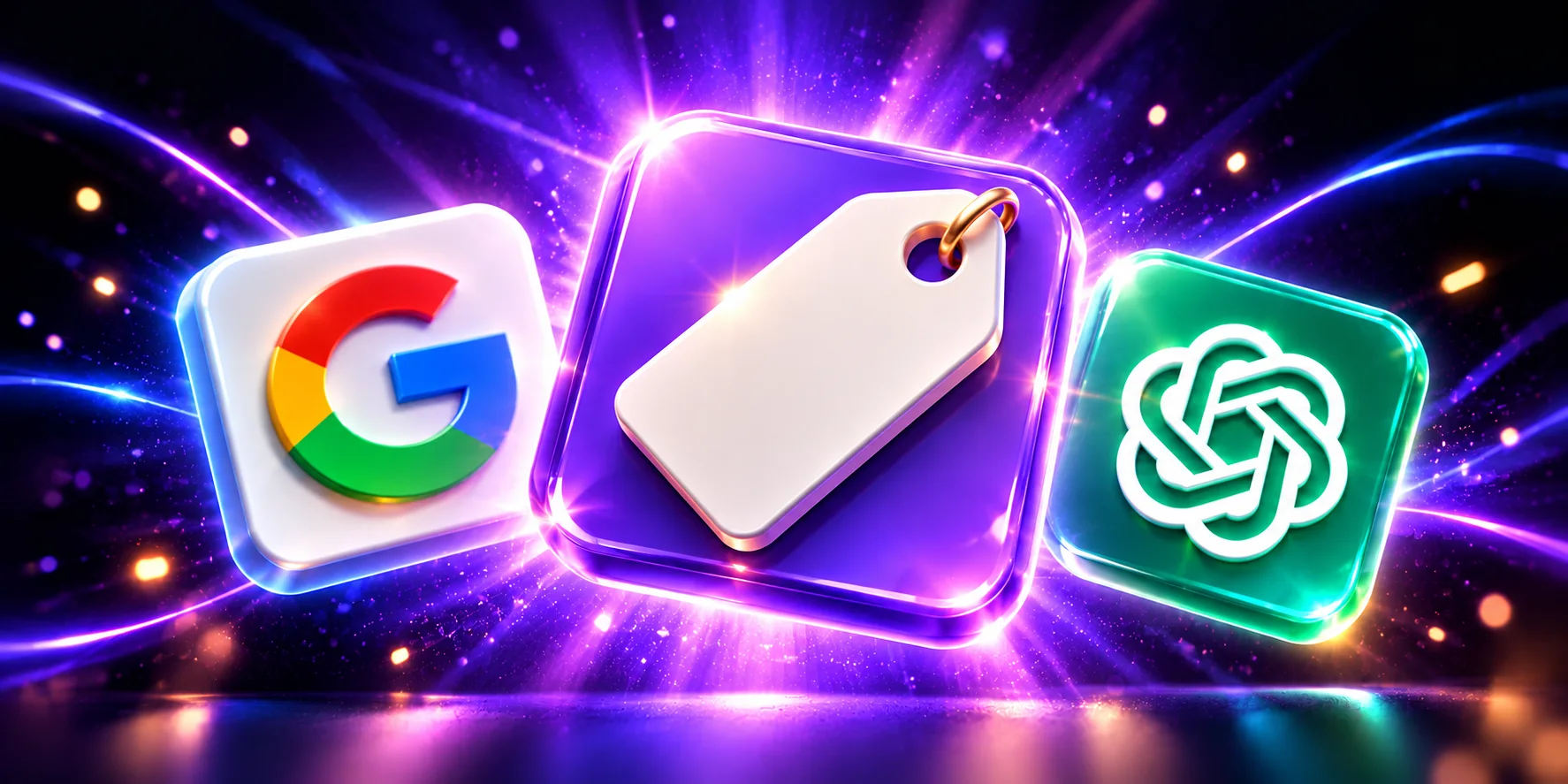 Trois icônes en relief sur fond violet lumineux : le G de Google, une étiquette de prix au centre et le logo de ChatGPT, pour le prix du référencement sur Google et dans les réponses des IA