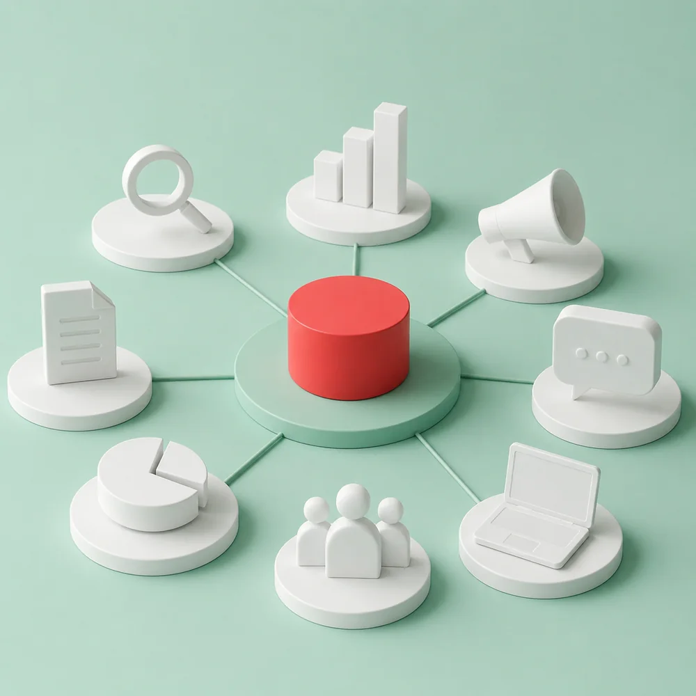 Les leviers d’une stratégie digitale, analyse, performance, communication, contenus, audience et site internet, reliés autour d’un même centre