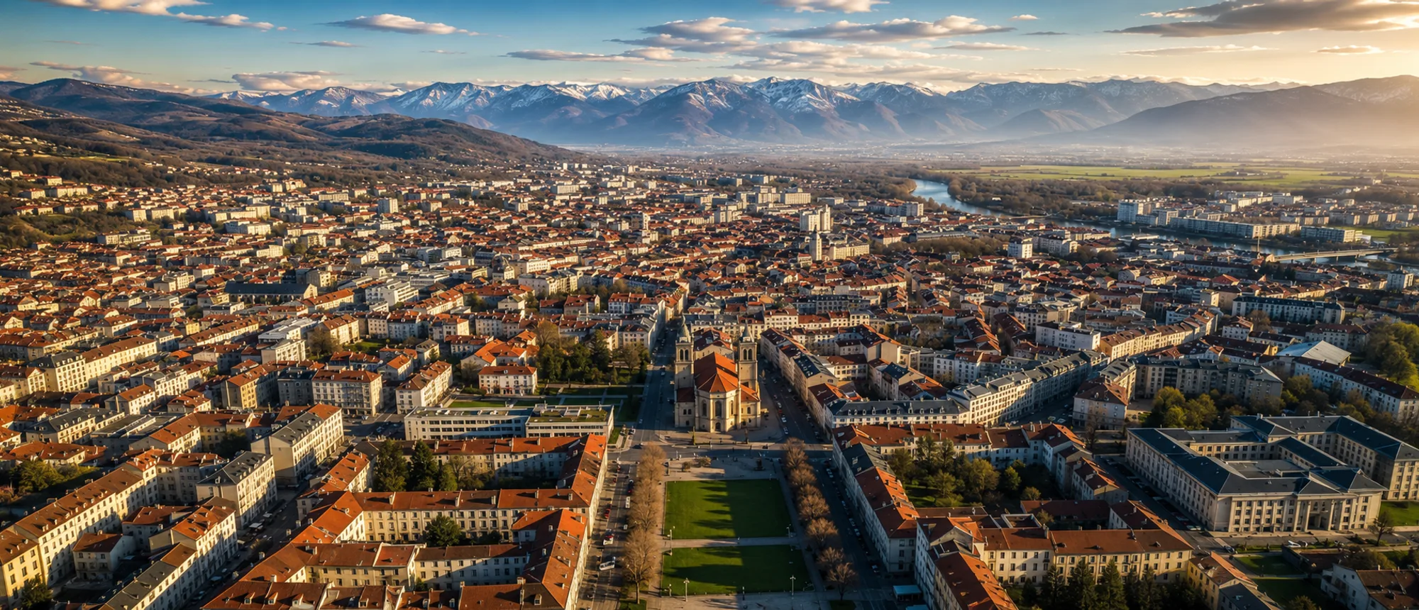 Vue aérienne de Tarbes et de la chaîne des Pyrénées au coucher du soleil