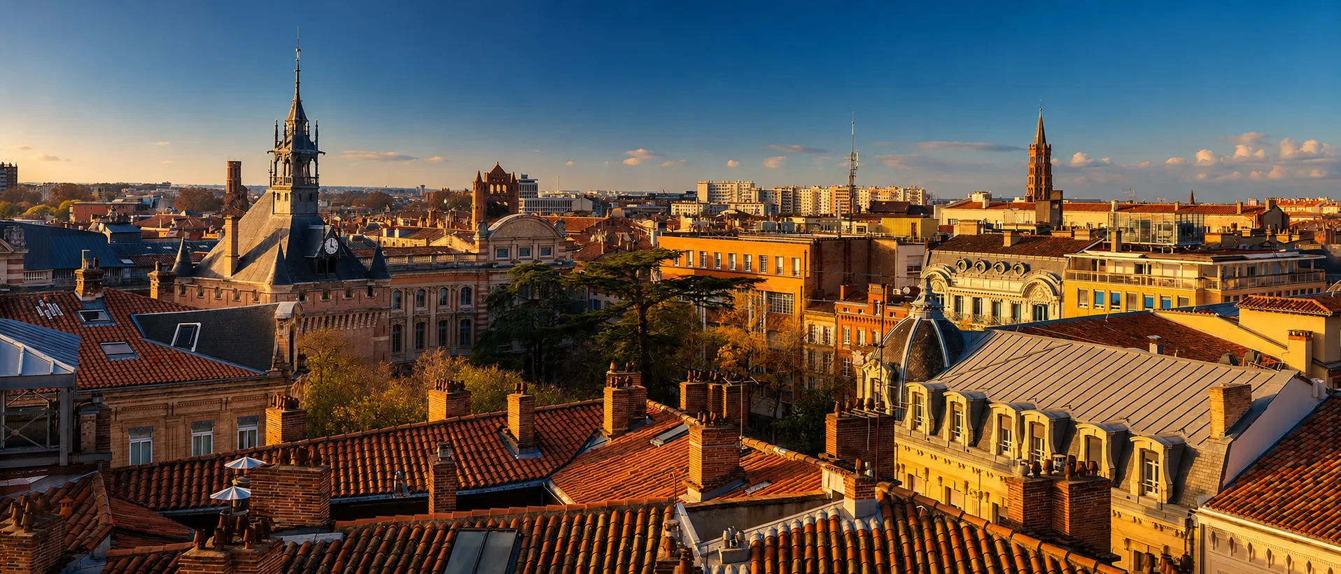 Les toits de Toulouse, la ville rose, au coucher du soleil