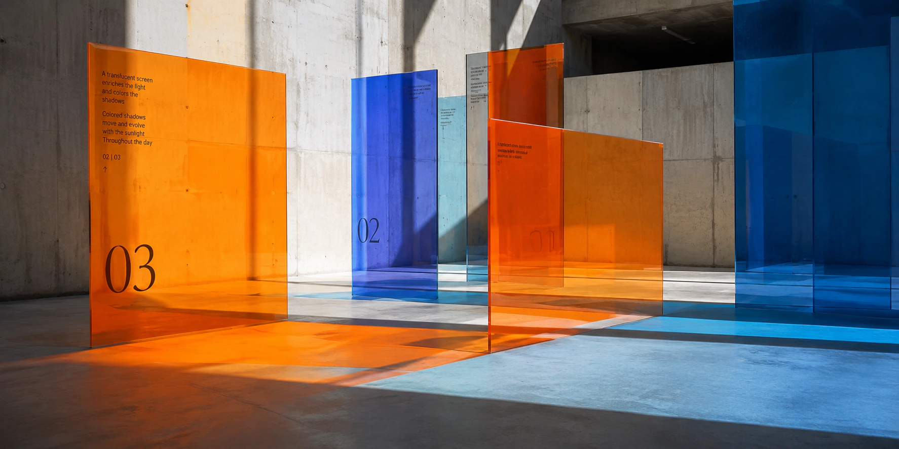 Panneaux translucides orange et bleus dans une architecture en béton, avec jeux de lumière et hiérarchie visuelle
