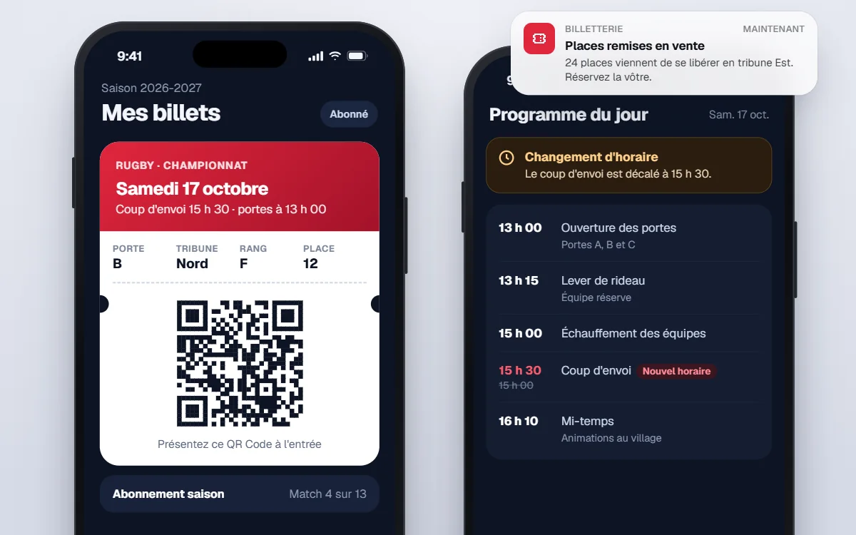 Écrans d'une application de club de rugby : e-billet avec QR Code à présenter à l'entrée, programme du match avec changement d'horaire et notification de places remises en vente