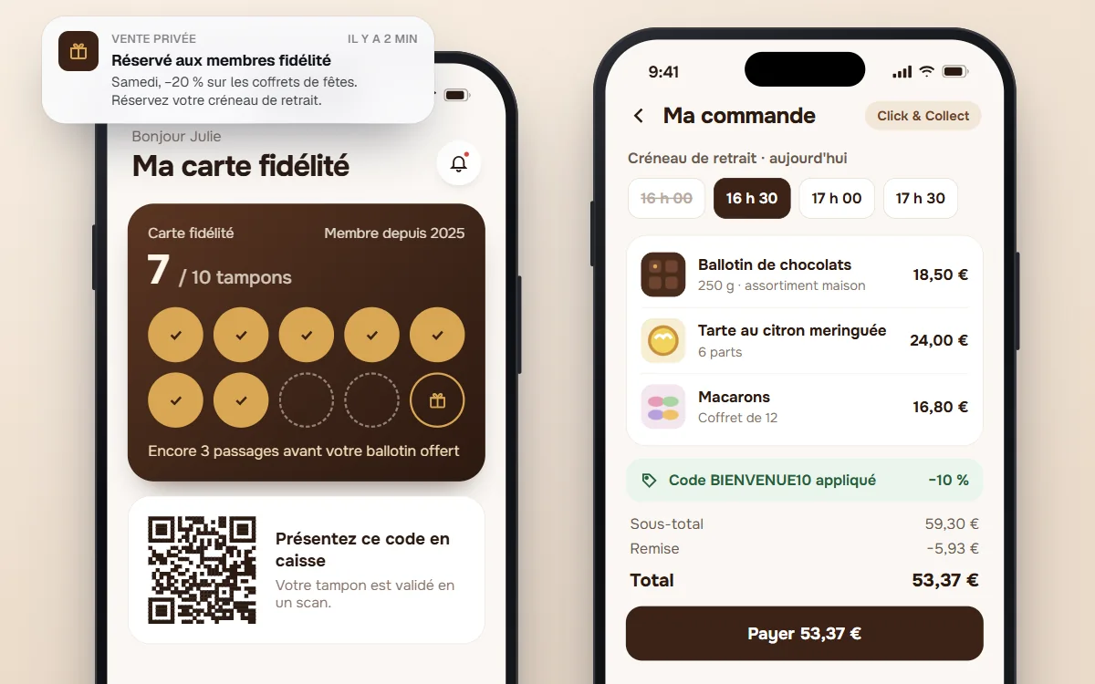 Écrans d'une application de commerce : carte de fidélité à tampons avec QR Code à scanner en caisse, commande Click & Collect avec créneau de retrait et code promo, notification de vente privée