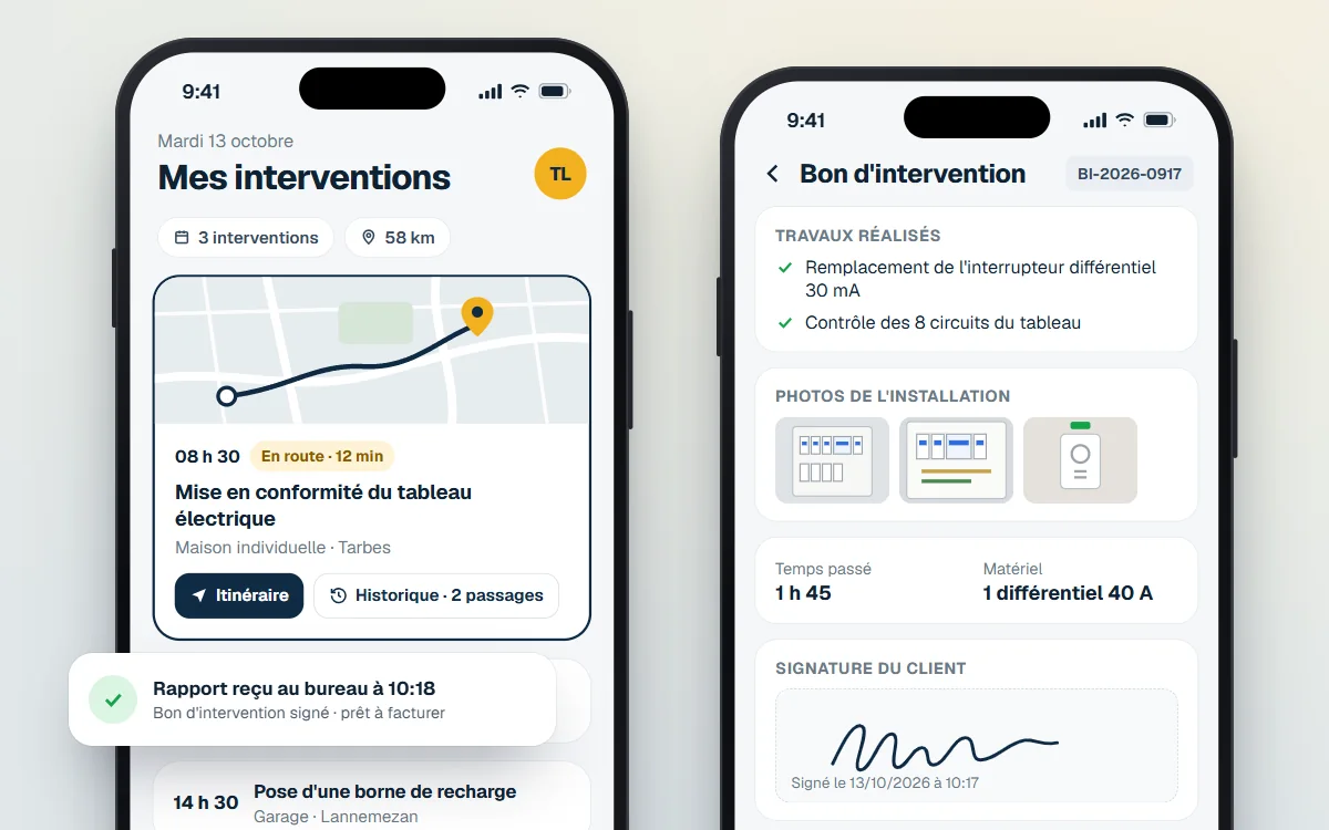 Écrans d'une application d'intervention : planning du jour avec itinéraire et historique des passages, bon d'intervention avec photos de l'installation et signature du client