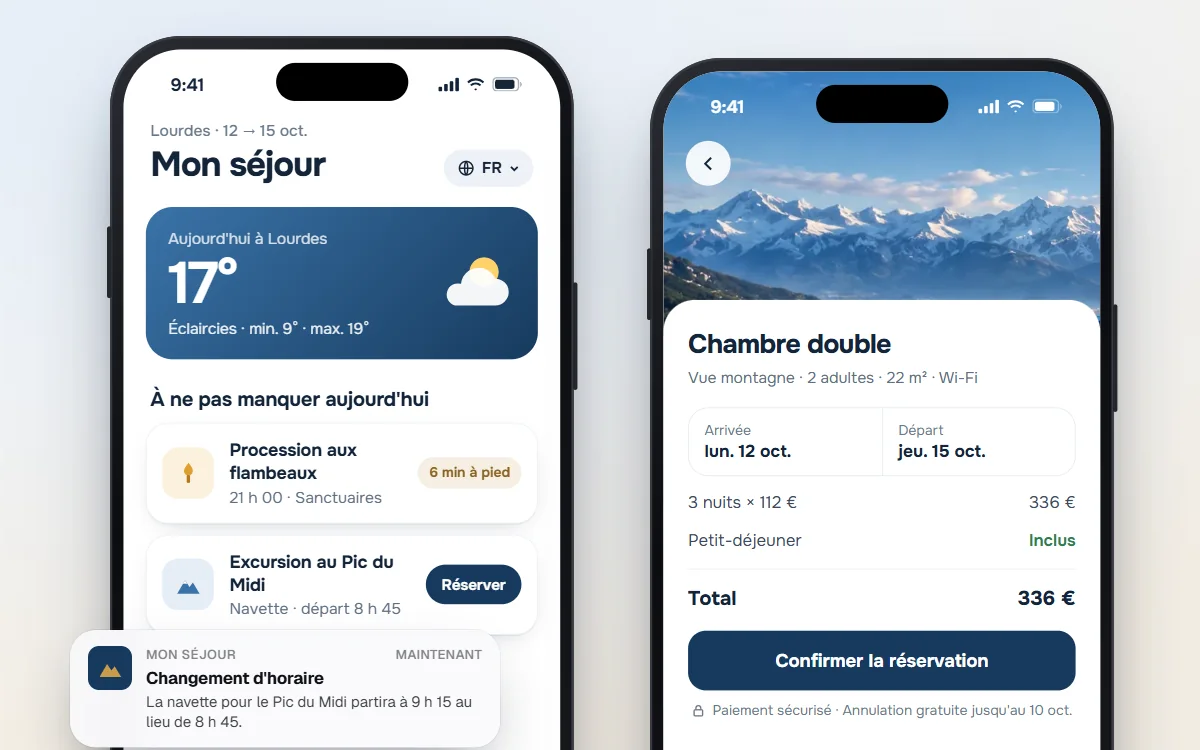 Écrans d'une application de séjour à Lourdes : météo du jour, procession aux flambeaux, excursion au Pic du Midi, réservation d'une chambre vue montagne et notification de changement d'horaire