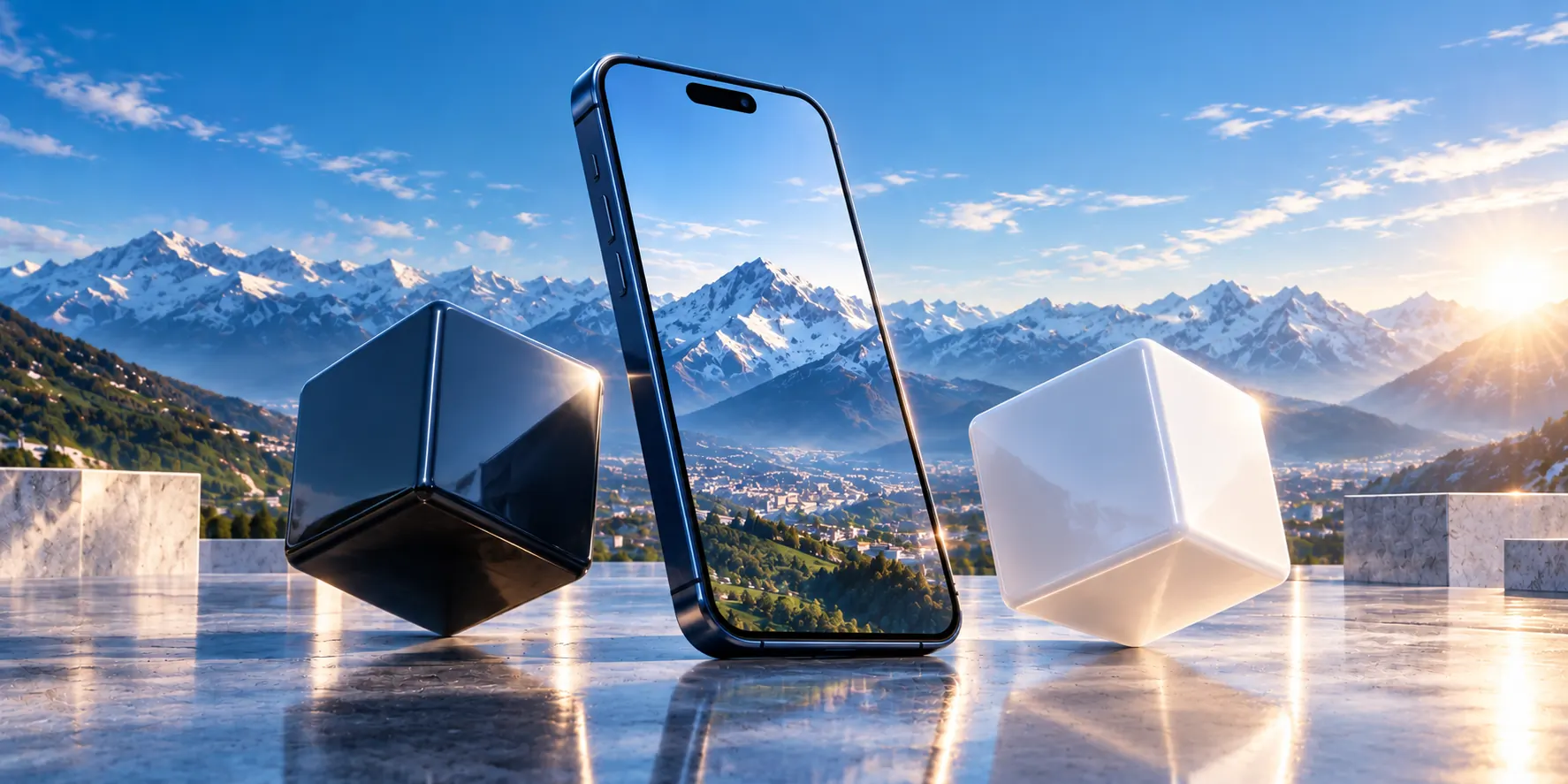 Smartphone bleu entre un cube noir et un cube blanc, devant les Pyrénées enneigées et la plaine de Tarbes