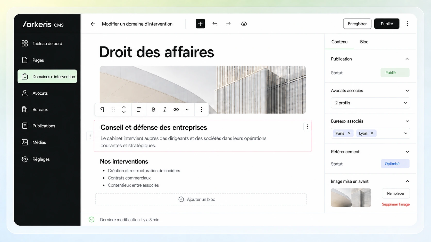 Interface d’Arkeris CMS pour modifier un domaine d’intervention et l’associer à des avocats et des bureaux