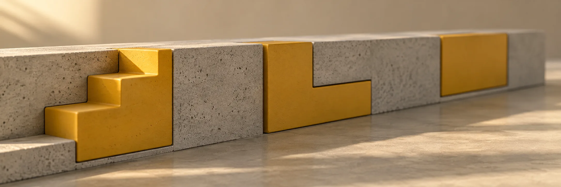 Long bloc de béton clair dans lequel s'emboîtent exactement trois pièces jaune safran usinées sur mesure, en escalier, en L et rectangulaire, sous une lumière rasante du matin