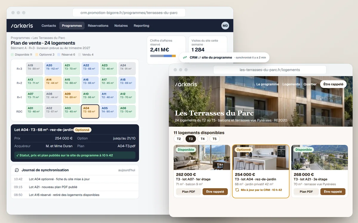 Logiciel de synchronisation entre le CRM d'un promoteur immobilier et le site du programme : plan de vente des 24 logements par étage, fiche du lot optionné, et site public où le statut du lot se met à jour avec photos du séjour, de la cuisine et du balcon