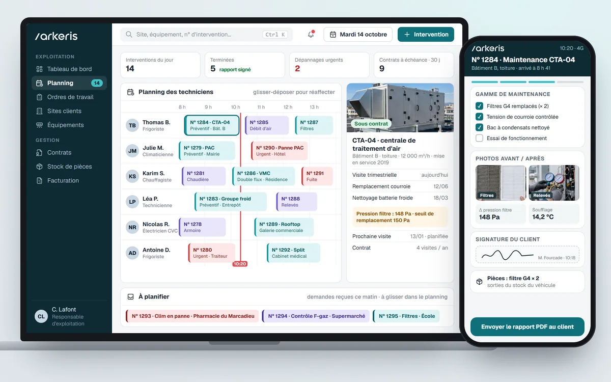 Logiciel de gestion des interventions de maintenance en génie climatique : planning des techniciens sur ordinateur, fiche de la centrale de traitement d'air photographiée en toiture, et application mobile du technicien avec gamme de maintenance, photos, relevés et signature du client