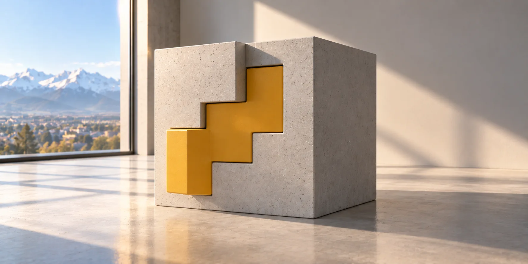Bloc de béton clair dans lequel s'emboîte exactement une pièce jaune safran usinée sur mesure, devant une baie ouverte sur les Pyrénées enneigées