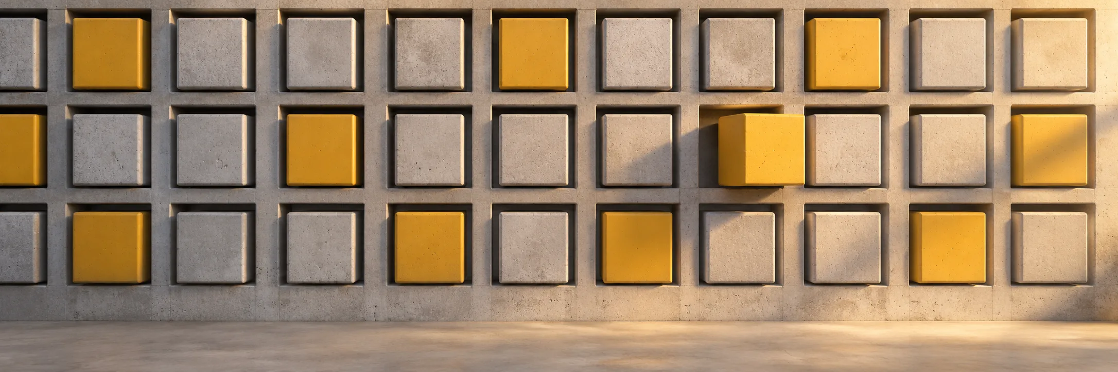 Mur de béton clair à alvéoles carrées garnies de modules en béton et de modules jaune safran, l'un d'eux en cours d'insertion, sous une lumière rasante du matin