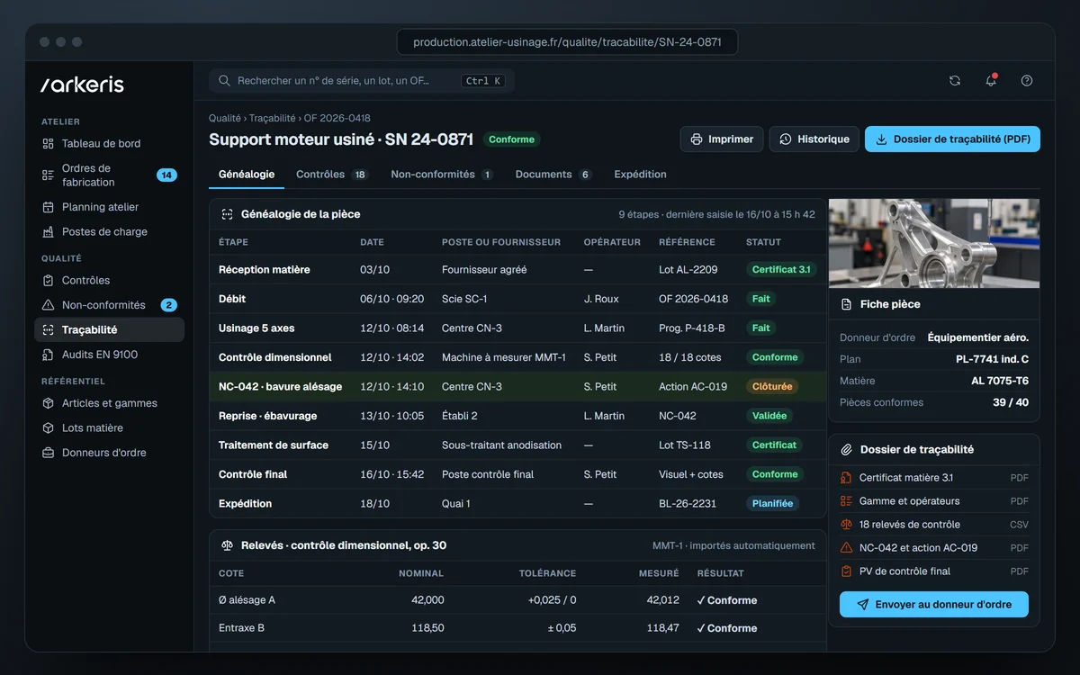 Écran d'un logiciel de gestion de production : historique d'une pièce par numéro de série, du lot matière au contrôle dimensionnel, fiche de non-conformité et dossier de traçabilité EN 9100 prêt pour le donneur d'ordre