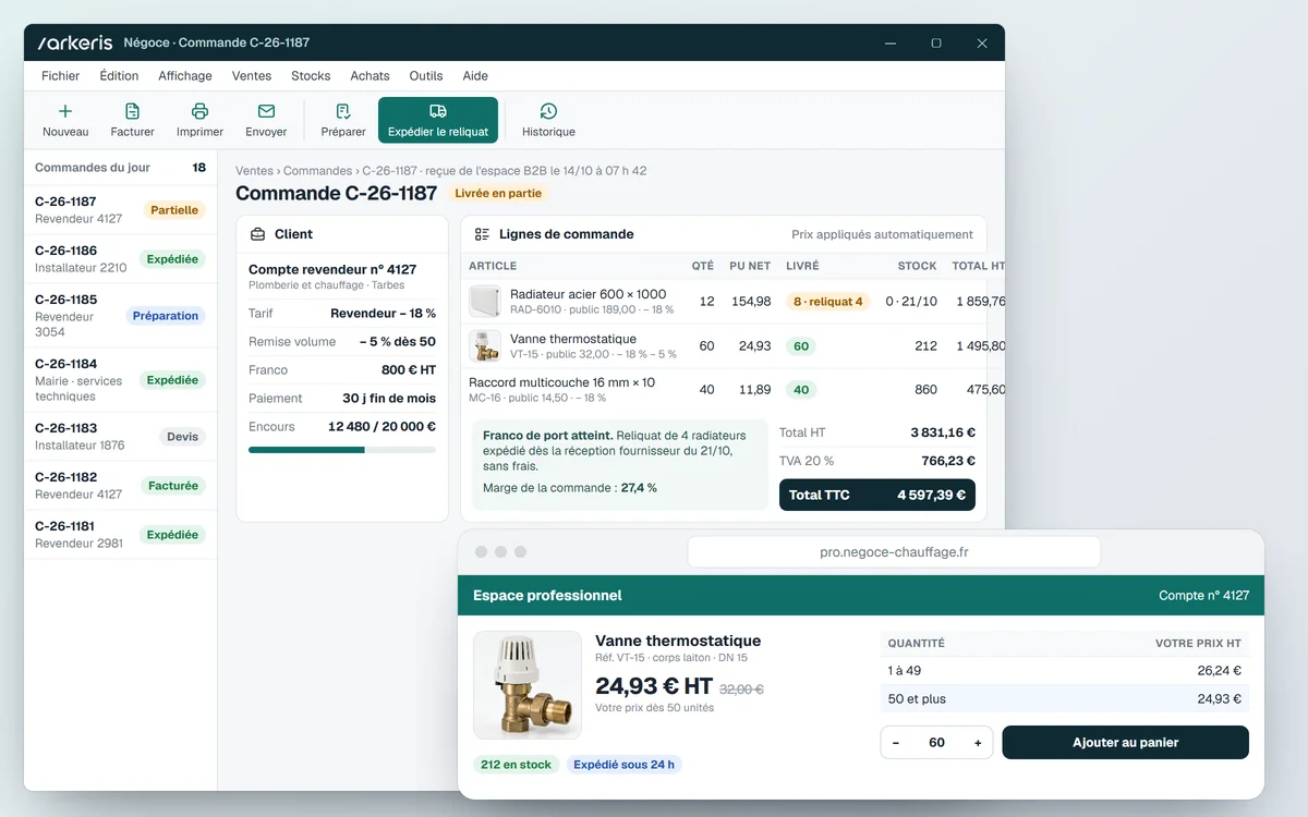 Écran d'un logiciel de négoce : fiche d'un revendeur avec ses conditions tarifaires, commande avec prix nets, reliquat, marge et totaux, et espace B2B où le client voit son prix par quantité et le stock disponible