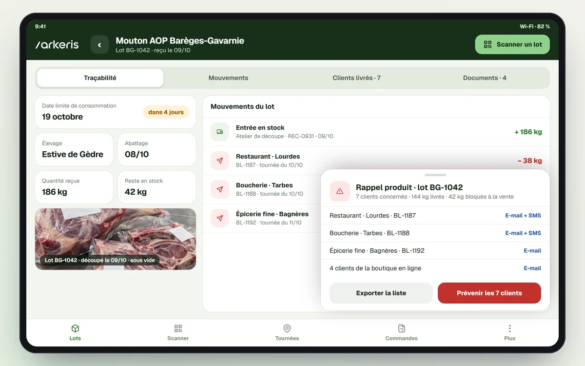 Écran d'un logiciel de traçabilité des lots : lot de mouton AOP Barèges-Gavarnie avec sa date limite, les clients livrés, la tournée de livraison et une alerte de rappel produit