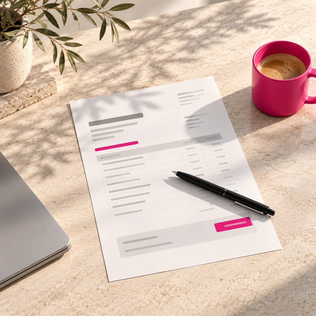 Devis de site internet imprimé posé sur une table en pierre claire, avec un stylo noir et une tasse rose