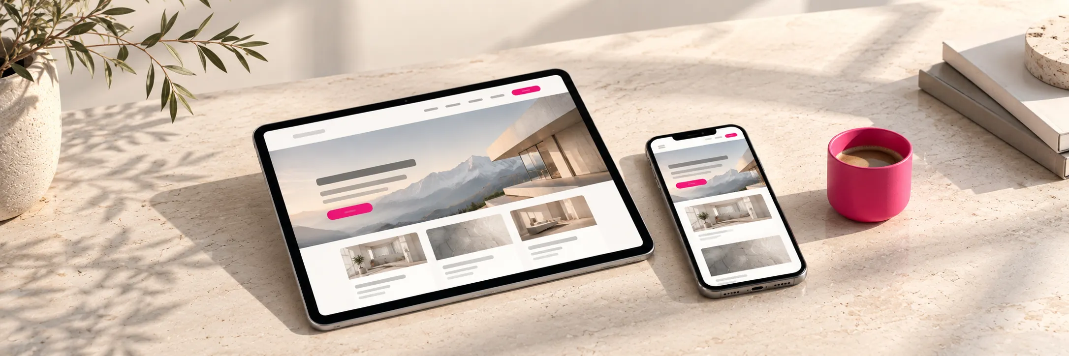 Tablette et smartphone posés sur une table en pierre claire, affichant le même site vitrine, à côté d'une tasse rose