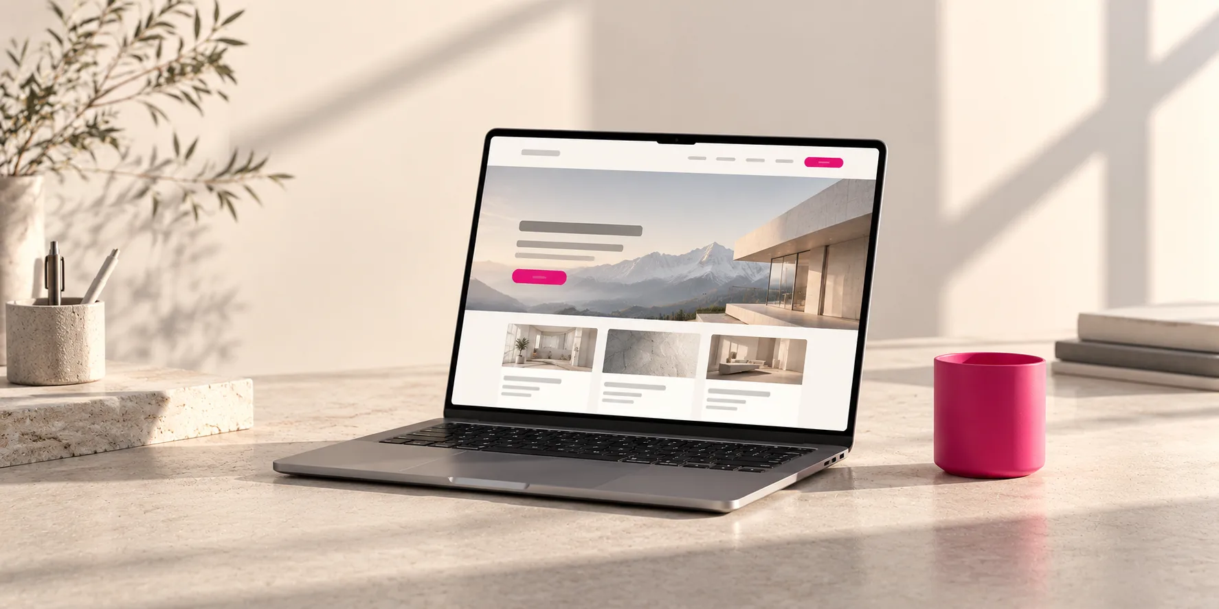 Ordinateur portable ouvert sur la page d'accueil d'un site vitrine, posé sur une table en pierre claire à côté d'une tasse rose, pour illustrer le prix d'un site internet