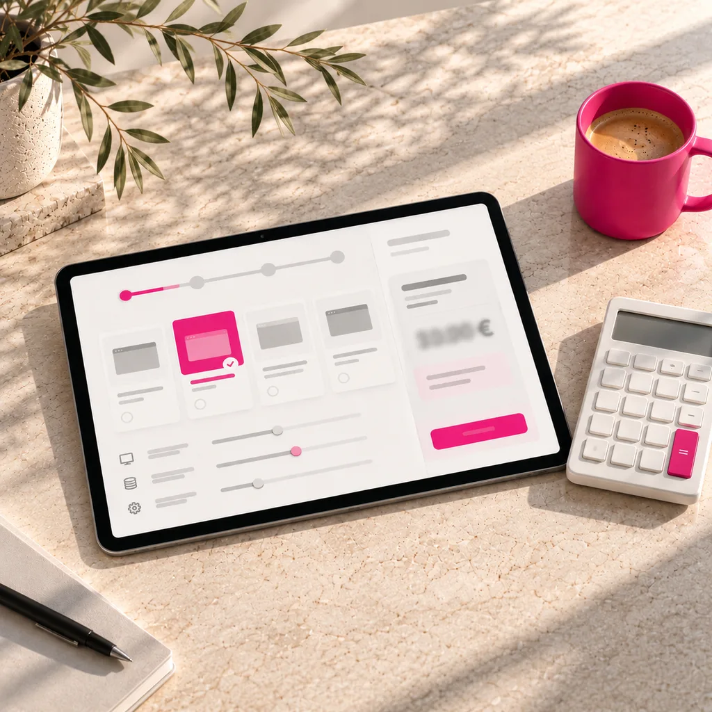 Tablette posée sur une table en pierre claire, affichant un simulateur de prix de site internet avec ses étapes et un montant total, à côté d'une calculatrice blanche et d'une tasse rose