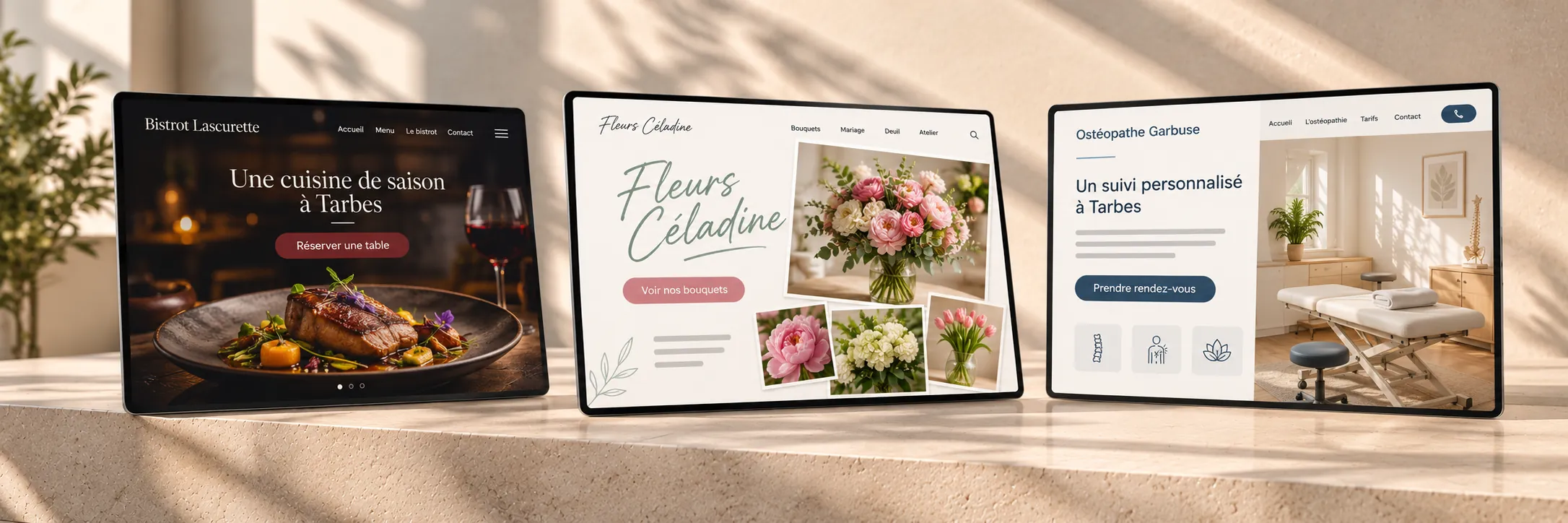 Trois tablettes posées sur une longue table en pierre claire, affichant trois sites au design différent : un bistrot sur fond sombre, un fleuriste en mosaïque de bouquets et un ostéopathe en écran partagé, tous à Tarbes