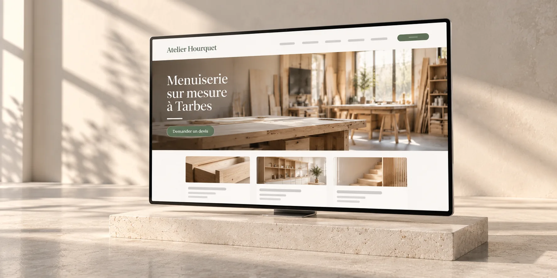 Écran posé sur un socle en pierre claire, affichant la page d'accueil du site vitrine d'un menuisier de Tarbes, avec son bouton « Demander un devis » vert sauge, sous une lumière rasante