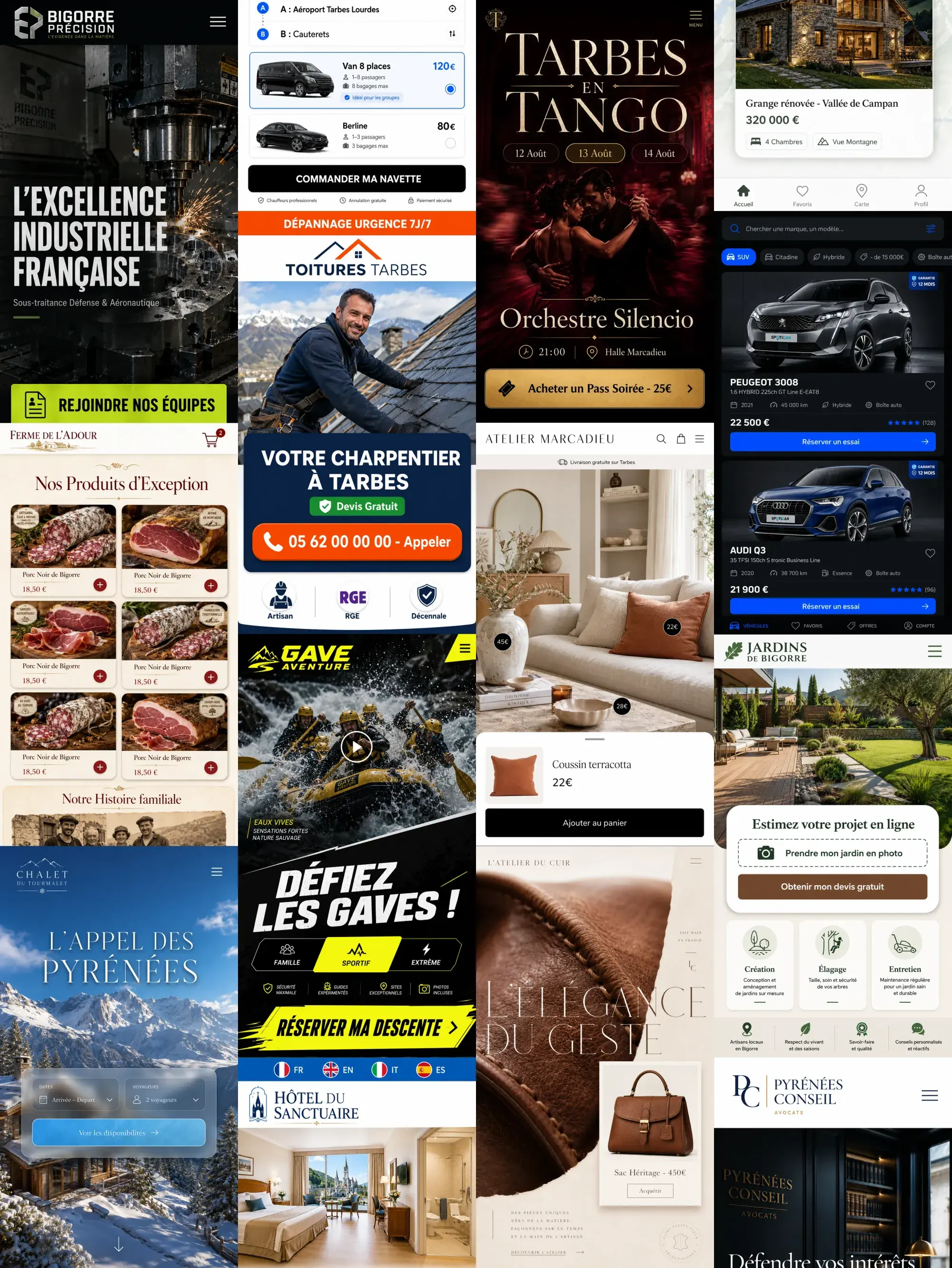 Mosaïque de sites web et boutiques en ligne réalisés par Arkeris pour des entreprises de Tarbes et de la Bigorre