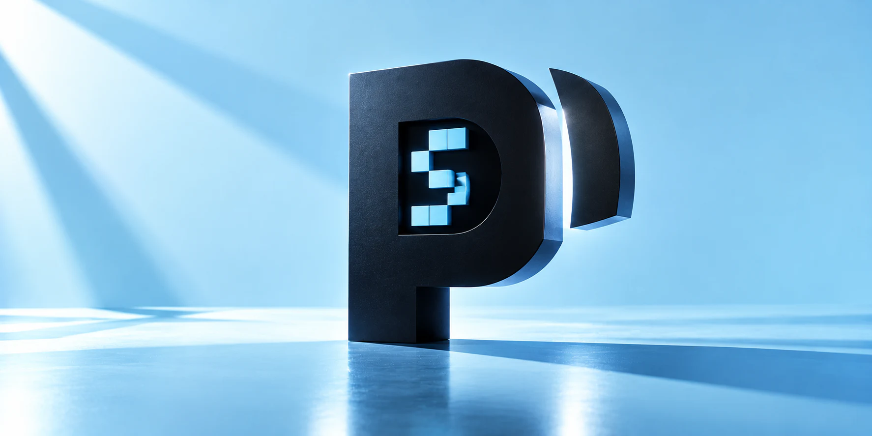 Logo PrestaShop noir en relief sur un fond bleu lumineux