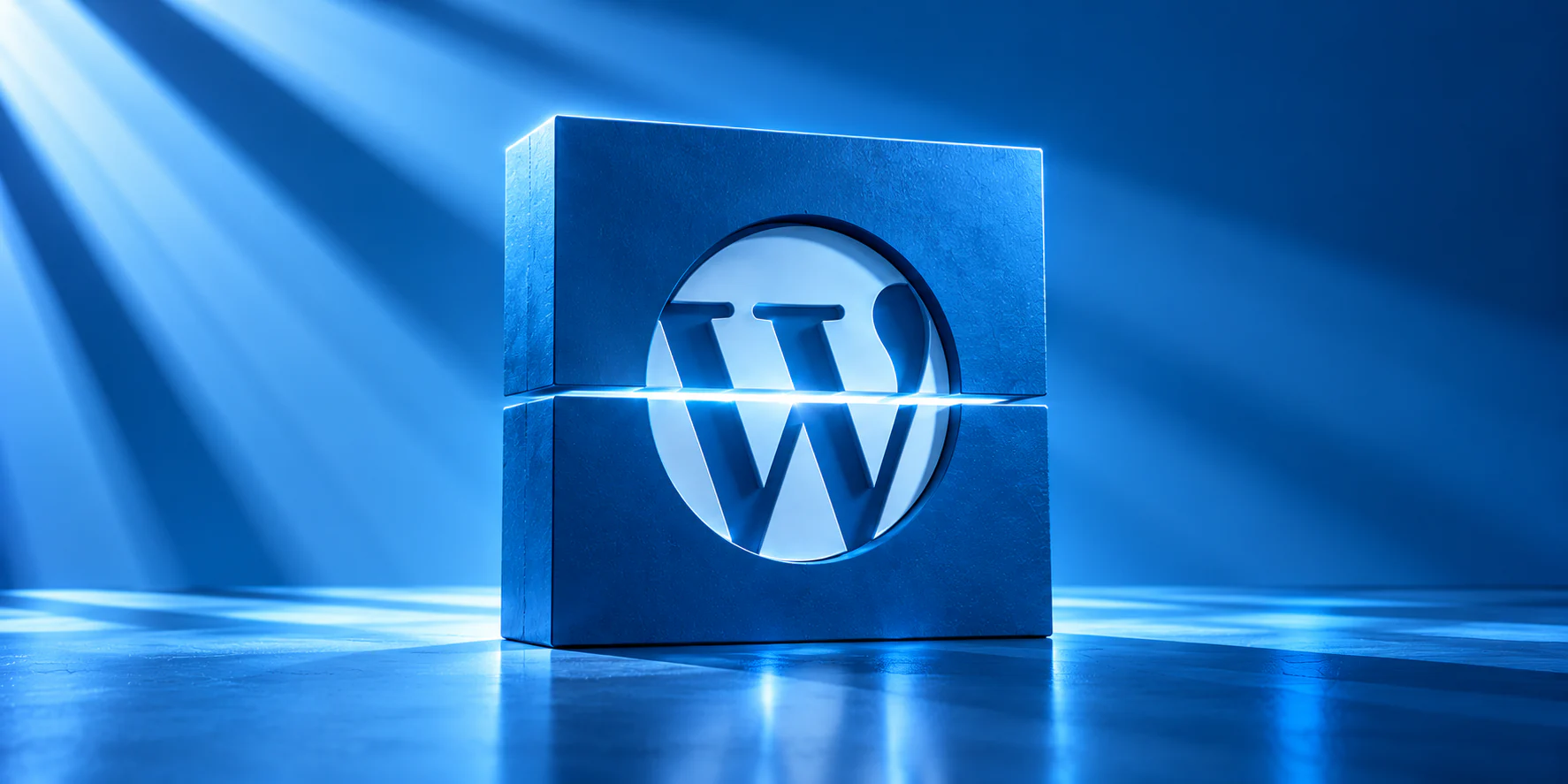 Logo WordPress scindé en deux, éclairé en bleu