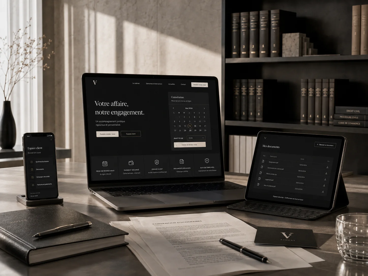 Interface de site internet d’avocat avec prise de rendez-vous et espace client sécurisé