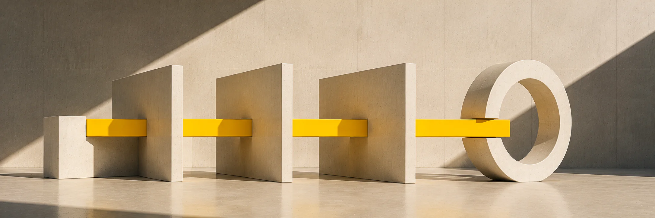Barre jaune reliant plusieurs structures architecturales