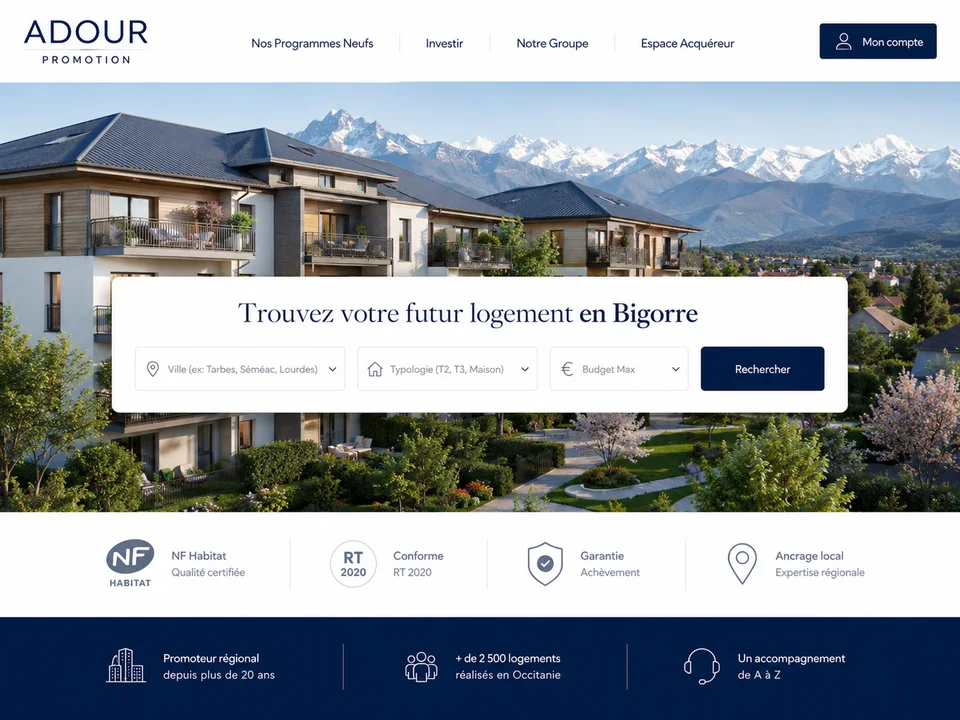 Page d'accueil du site Adour Promotion conçue par notre agence pour valoriser les nouveaux programmes immobiliers de l'agglomération tarbaise et centraliser la génération de leads