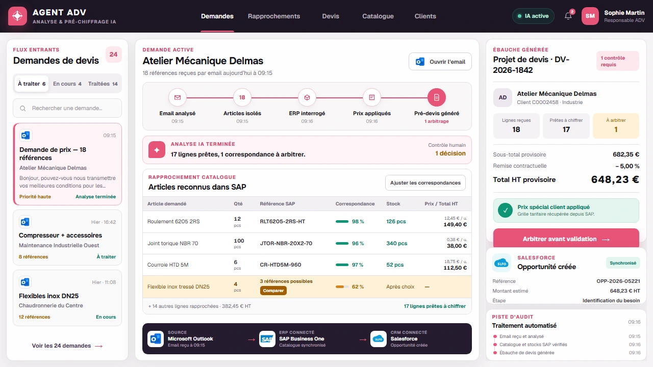 Interface d'un agent IA ADV rapprochant une demande de devis du catalogue ERP avant validation commerciale