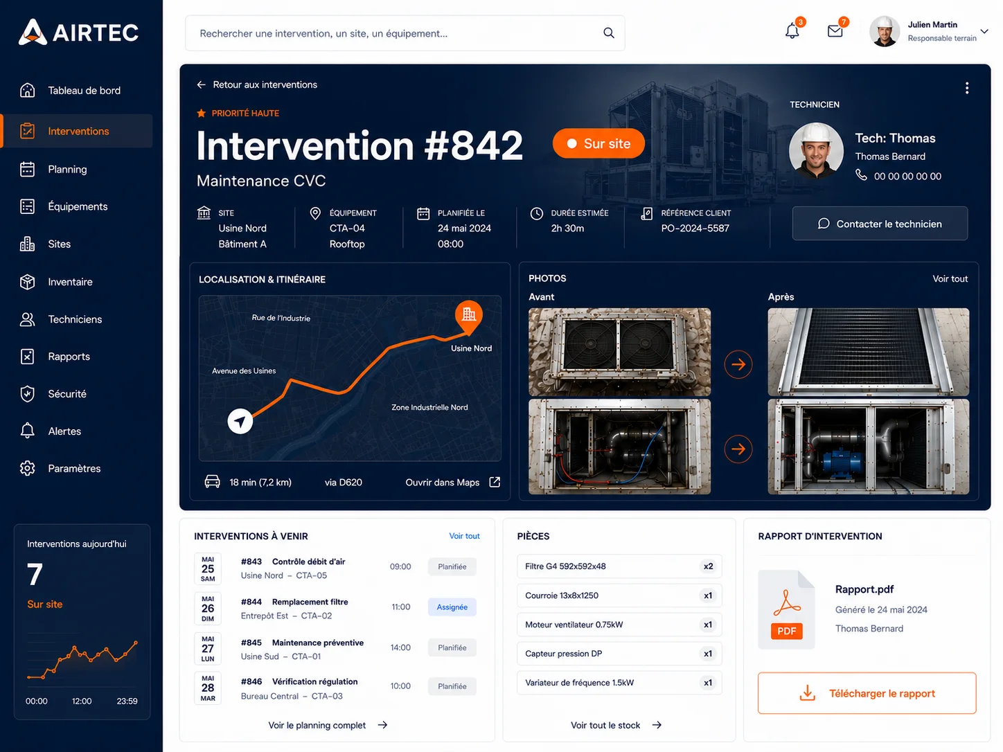 Back-office de la plateforme Airtec pour suivre une intervention de maintenance CVC, un technicien, un itinéraire, des photos et un rapport