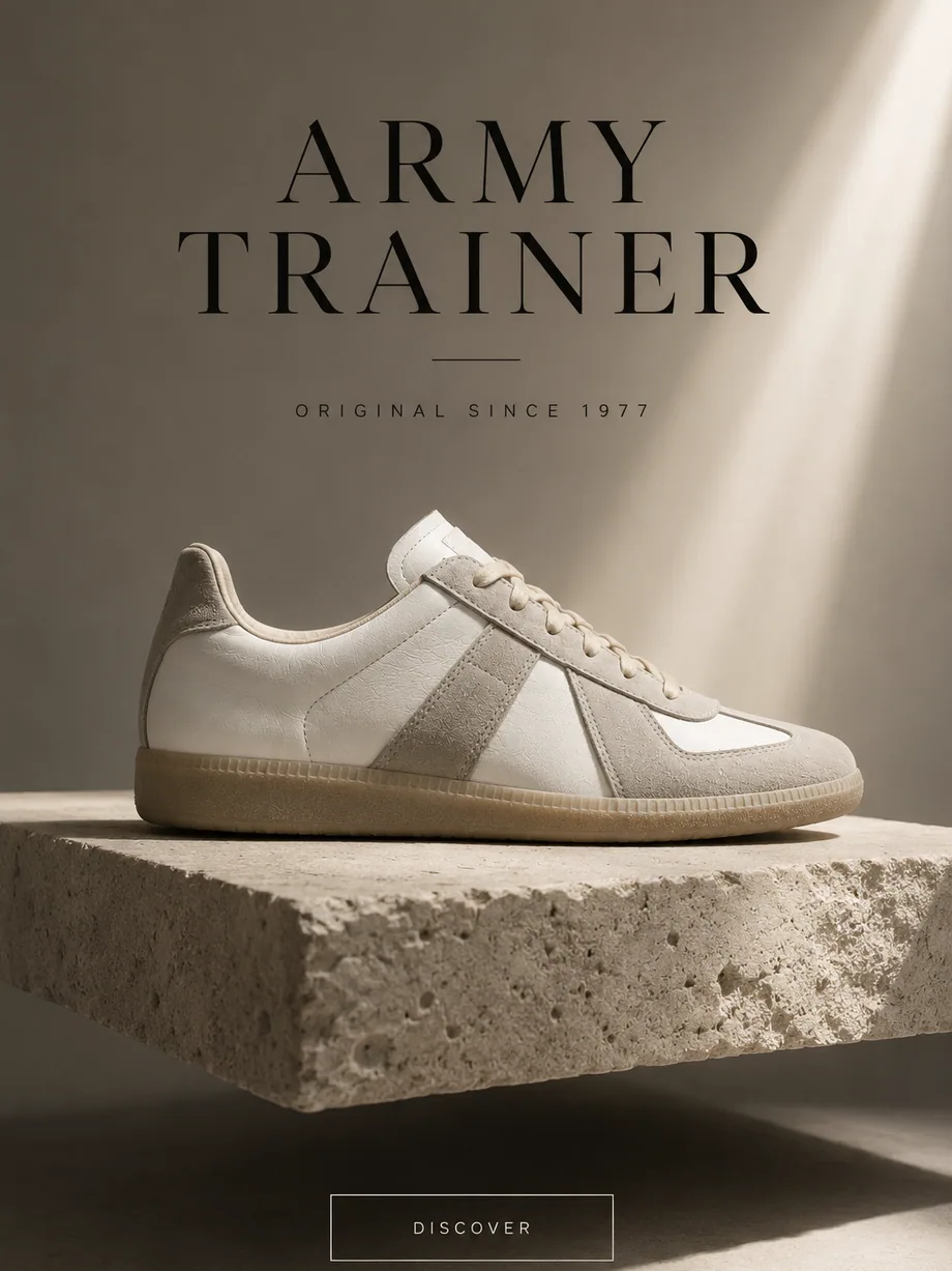 Création publicitaire verticale Army Trainer avec sneaker beige sur socle minéral, typographie de marque et bouton Discover