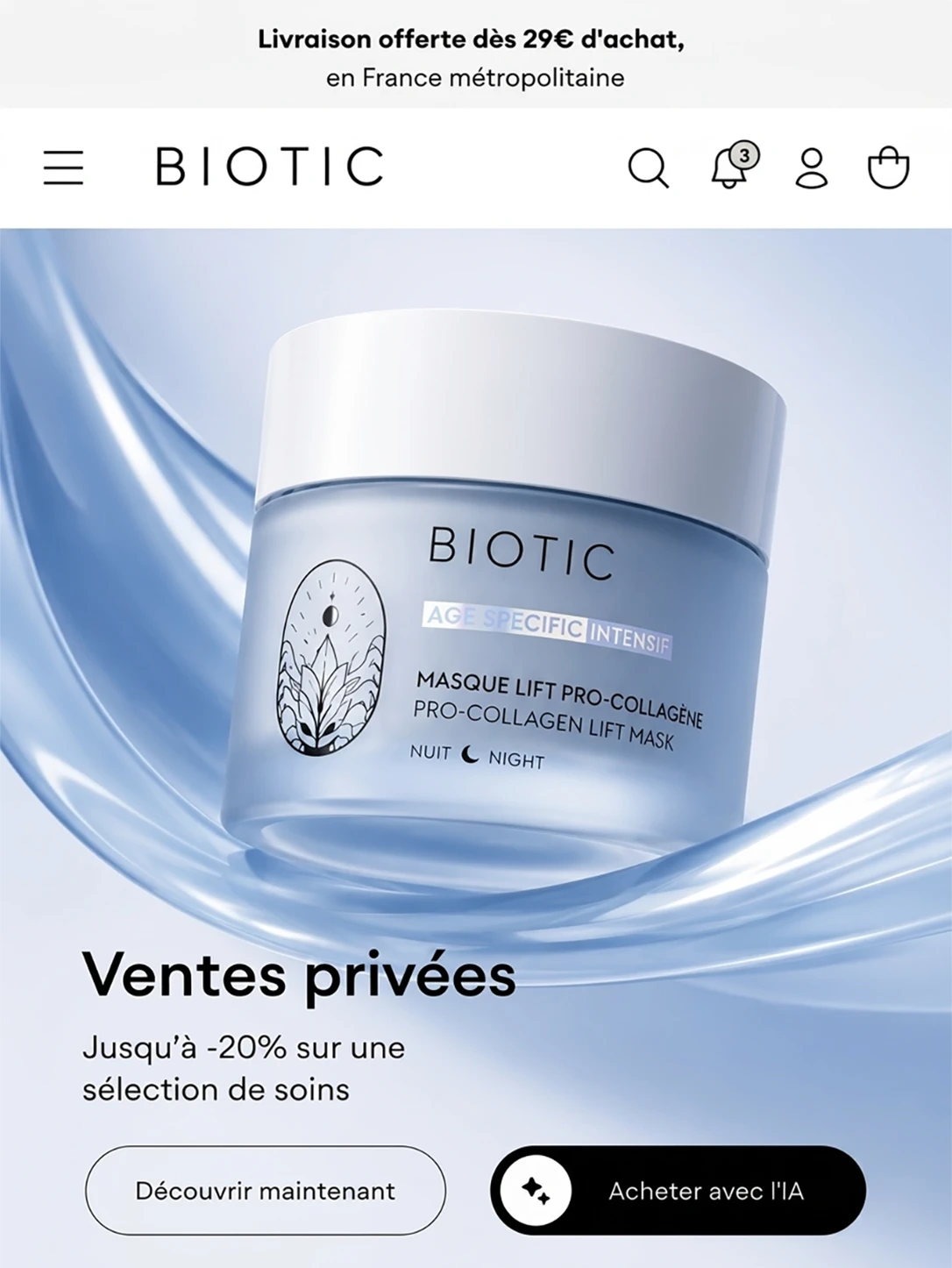 Interface e-commerce Biotic pour une vente privée beauté et soins
