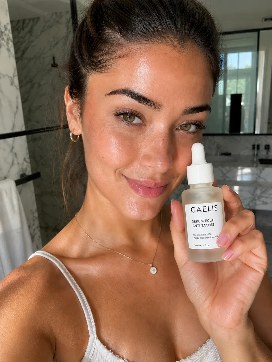 Visuel UGC beauté avec influenceuse IA tenant un sérum cosmétique dans une salle de bain