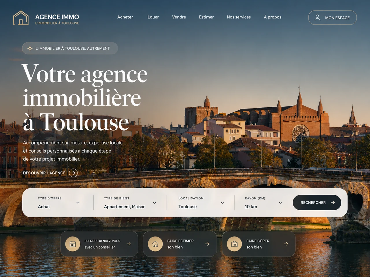 Interface de site immobilier Agence Immo Toulouse avec moteur de recherche de biens