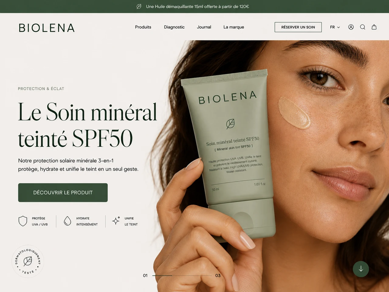 Interface e-commerce BIOLENA pour un soin minéral teinté SPF50