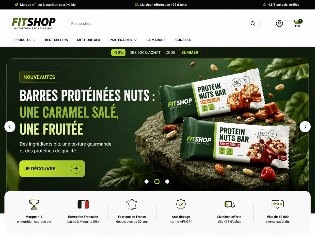 Site e-commerce pour les barres protéinées bio de FITSHOP