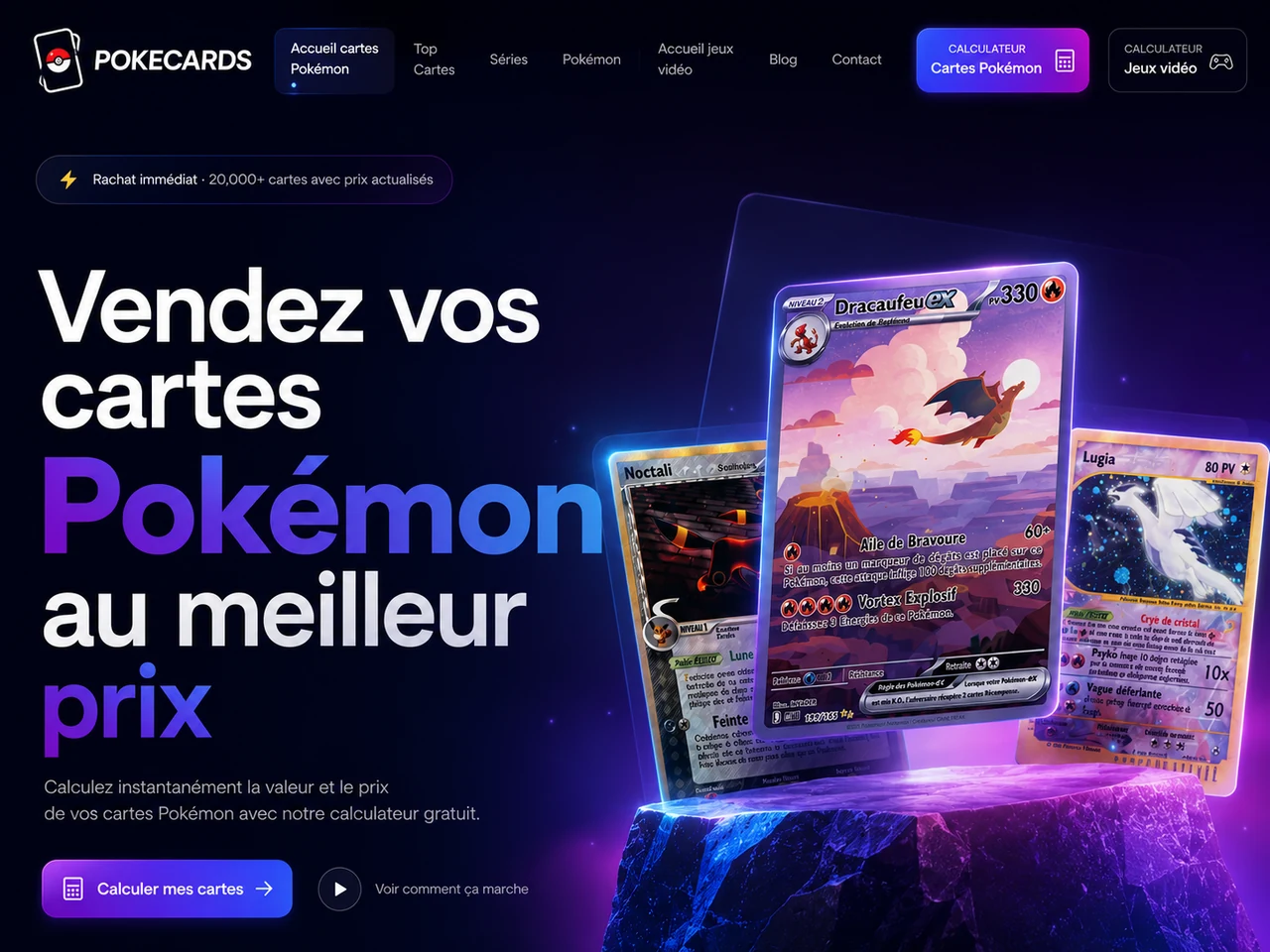 Interface web PokeCards pour calculer le prix et vendre des cartes Pokémon