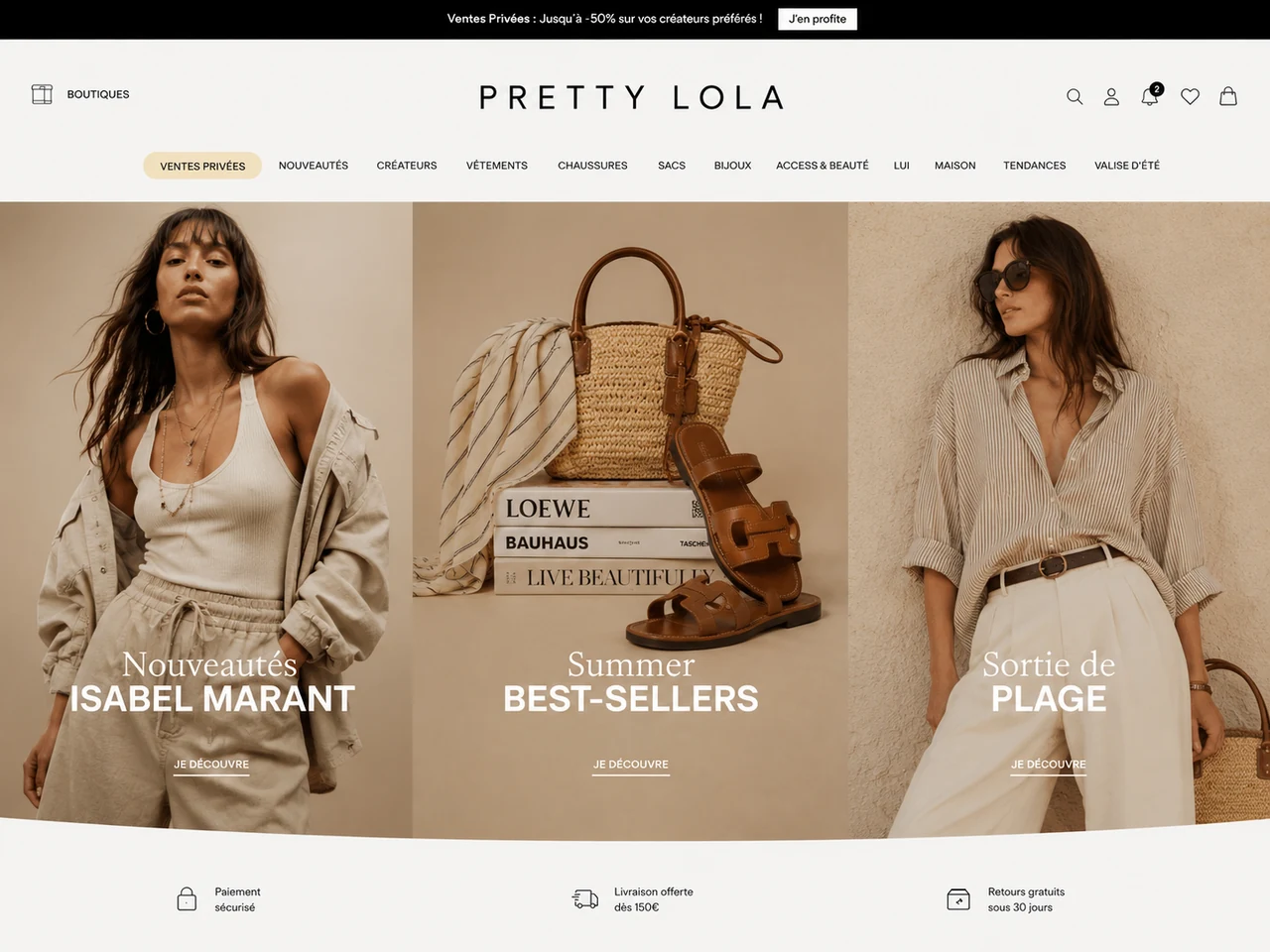 Interface e-commerce PRETTY LOLA pour des ventes privées mode et créateurs