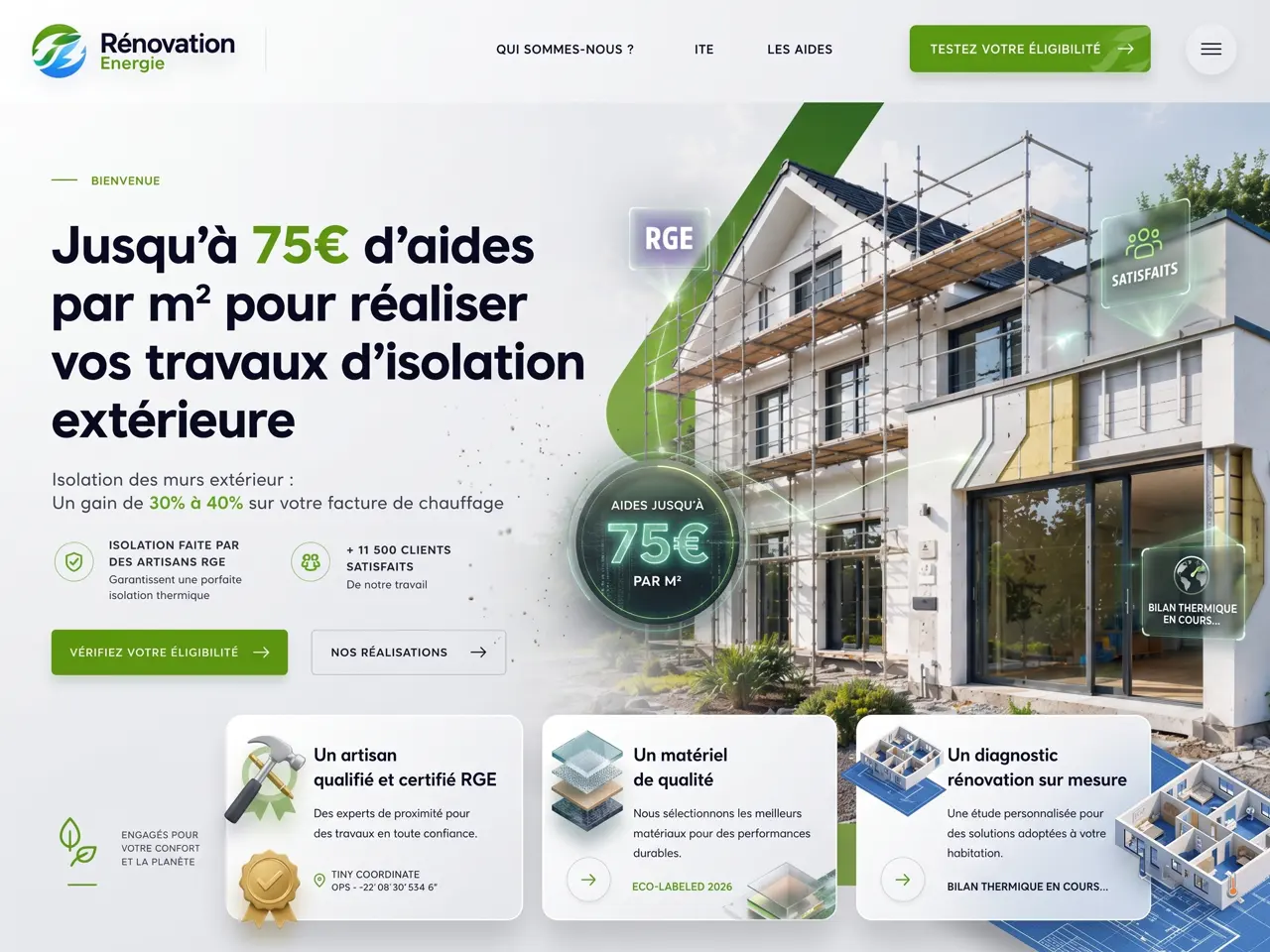 Landing page pour Rénovation Énergie avec test d'éligibilité aux aides d'isolation extérieure